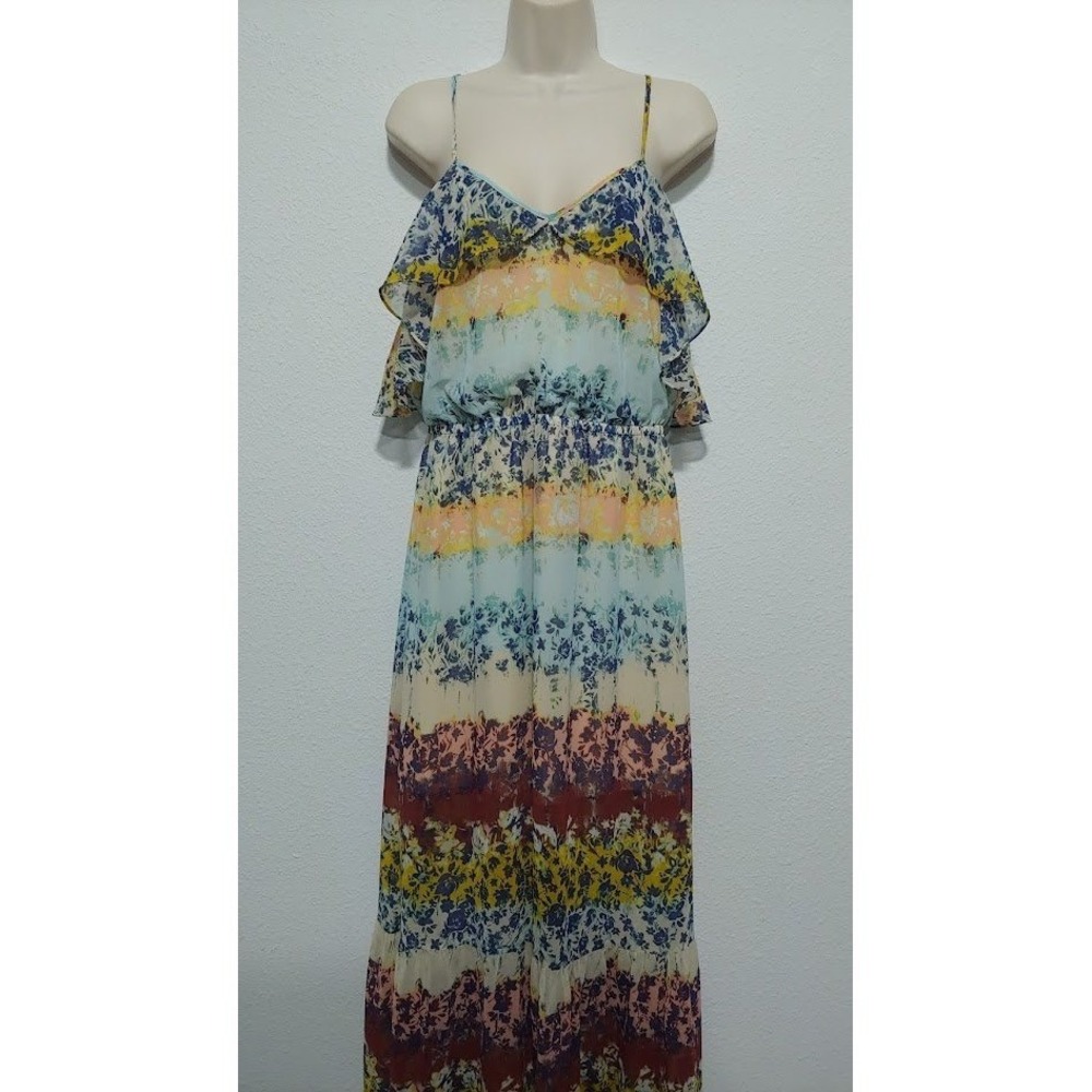 Bebe Floral Print Maxi Dress L Ruffle Tiered Spaghetti Strap V Neck Yellow Blue - Picture 3 of 13
